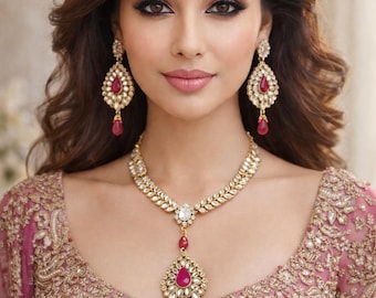 Kundan Gold Plated Necklace Set, Indian Bridal Jewelry with Tikka