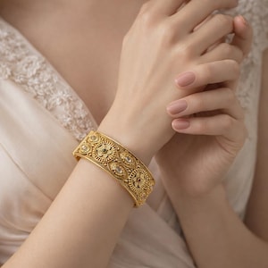 Bangle, Gold Tone Floral Kada, Ruby & Emerald Stones