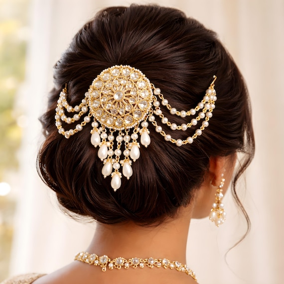 Kundan Pearl Bridal Hair Brooch, Gold-plated Indian Bun Pin  display picture 1