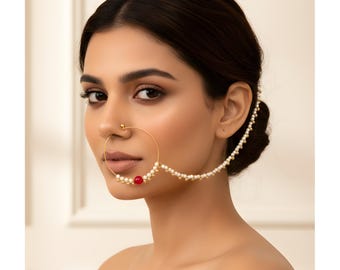 Pearl Nose Ring with Chain, Indian Bridal Nath, Gold Plated Nose Jewelry