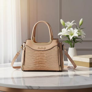 May include: A beige handbag with a crocodile-skin texture on the front panel. The bag has a top handle and a detachable shoulder strap. Gold-colored hardware accents the bag, and the brand name is displayed on the front.