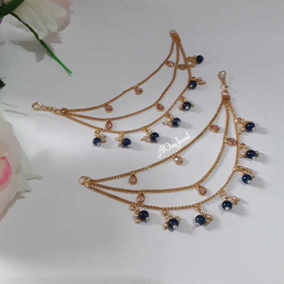 Sahara for Earrings, Gold Plated Navy Blue Pearl Ear Chain, Ear