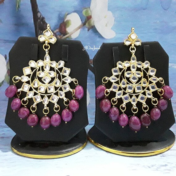 Kundan Plum Pearl Indian Necklace Earrings Set, Gold Plated