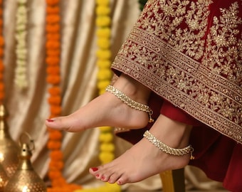 Kundan Pearl Gold Plated Indian Anklets, Bridal Payal Jewellery