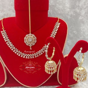 Indian Bridal CZ Diamanté  Gold Plated Necklace Set, Necklace Earrings Tikka Jewelry Set, Wedding Necklace Set, Bridal Jewelry Set, AD Set