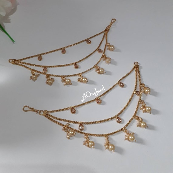 Sahara For Earrings, Gold Plated Beige Colour Pearl Ear Chain, Ear Support,  Detachable Ear Chain, Traditional Jewelry, Pearl Kaan Chain