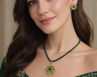 Hyderabadi Jadau Necklace Set: Gold-Plated Karan Phool, Stud Earrings