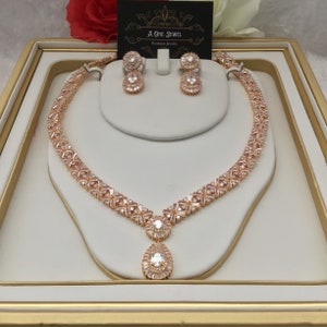Indian Bridal CZ Diamond Clear 2PCS Necklace Set, Necklace Earrings Jewelry Set, Gold Wedding Necklace Set, Bridal Jewelry Set