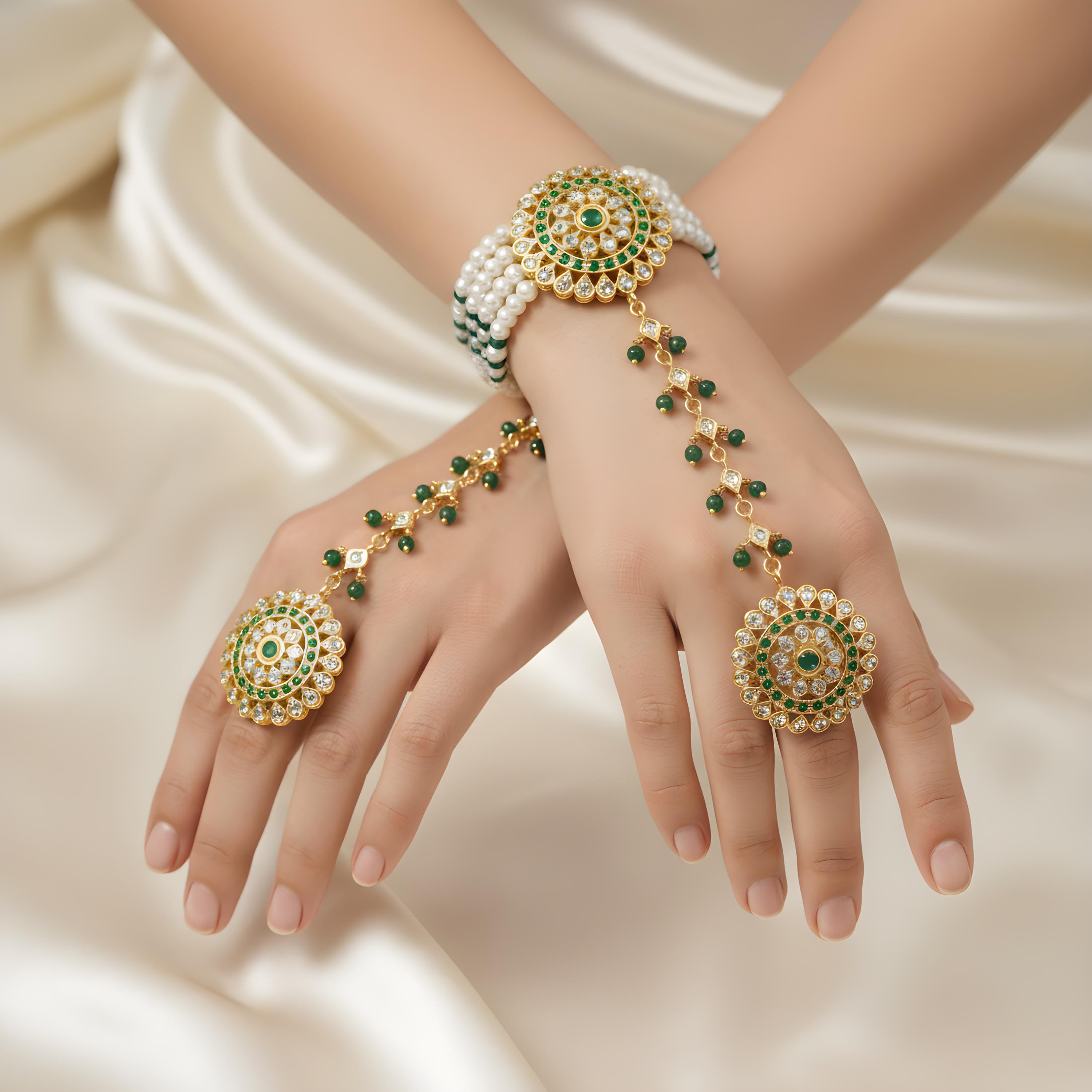 Kundan Pearl Hand Harness Bracelet, Indian Bridal Jewelry