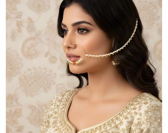 Pearl Nose Ring with Chain, Indian Bridal Nath, Gold Plated Nose Jewelry