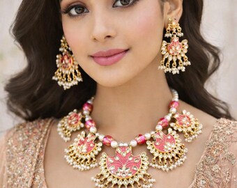 Kundan Pearl Gold Plated Indian Necklace Set, Ethnic Wedding Jewelry