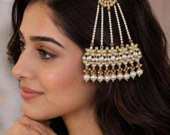Kundan Pearl Jhoomer, Indian Bridal Passa, Gold Plated Hair Jewelry