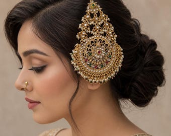 Gold Plated Kundan Pearl Jhoomer, Indian Bridal Passa Headpiece