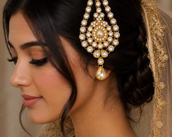 Kundan Jhoomer, Gold Plated Bridal Passa Headpiece, Indian Jewelry