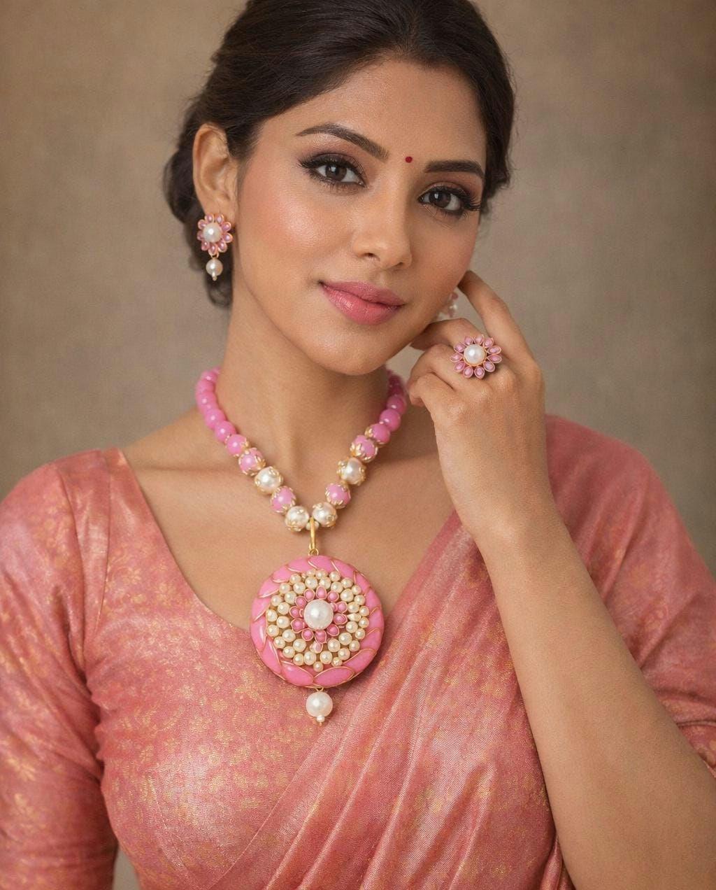 インド産ピンクパールネックレス・イヤリング・リングセット、パチ