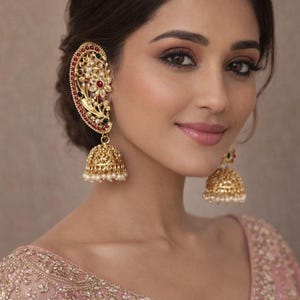 Gold Indian Jhumka Ear Cuff Earrings, Pearl Bridal Jewelry