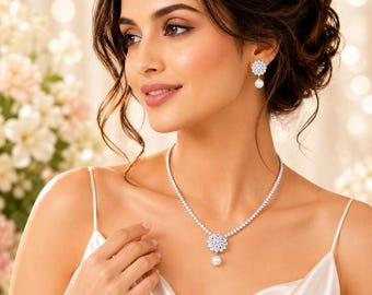 Ensemble de bijoux collier de perles de mariée indienne zircone cubique, ensemble de collier de mariage en argent, ensemble de bijoux de mariée, ensemble de collier de mariée en argent