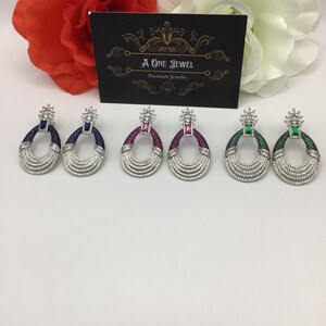 CZ Sterling Silver Green, Ruby Pink, Blue Sapphire,Long Round dangle drop earrings, cubic zirconia earrings, women earrings, Bridal Earrings