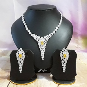 Indian Bridal Cubic Zirconia Yellow Necklace Earrings Set, Silver Wedding Necklace Set, Bridal Jewellery Set, Silver Bridal Necklace Set