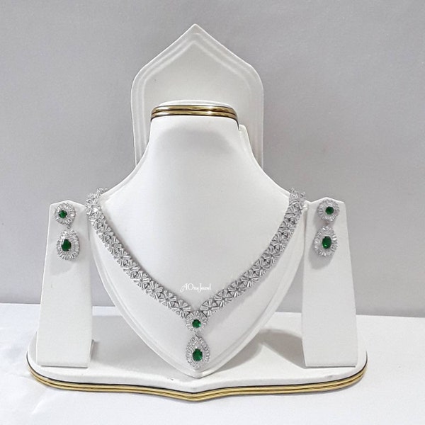 Indian Bridal CZ Diamanté Emerald 2PCS Necklace Set, Necklace Earrings Jewelry Set, Silver Wedding Necklace Set, Bridal Jewellery Set