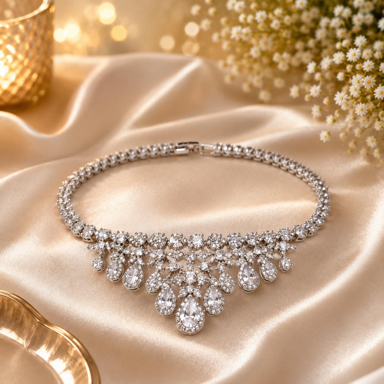 Luxury Bridal Jewelry Set, 4 Piece Wedding Necklace Earrings