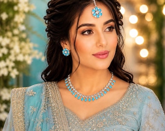 Baby Blue Kundan CZ Crystal Indian Necklace Set