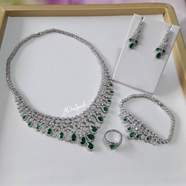 Indian Bridal CZ Diamanté 4PCS Emerald Necklace Set, Necklace Earrings Ring Bracelet Jewelry Set, Silver Wedding Necklace Set,Bridal Jewelry