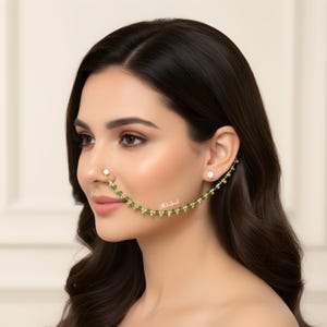 Indian Nose Ring With Chain, Green Nose Piercing, Bridal Nath, Wedding Jewelry