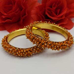 2pcs orange pearl bangles, gajra bangles, kada, kara, bollywood bangles, pakistani bangles, ethnic fashion bangles, bridal bangles, Kangan