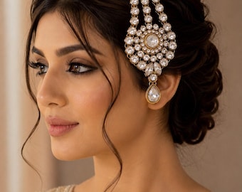 Kundan Jhoomer Passa, Gold Plated Bridal Head Piece, Indian Wedding Jewelry