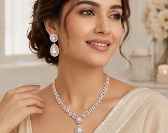 Luxury Rose Gold CZ Bridal Necklace Set, Gold Plated Wedding Jewelry Set, Cubic Zirconia Statement Necklace & Earrings, Bridal Party Gift