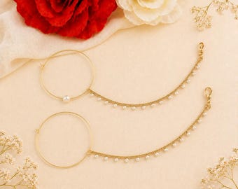 Indian Bridal Pearl Nath, Gold Plated Nose Ring with Chain