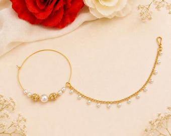 Indian Pearl Nath, Bollywood Nose Ring Chain, Wedding Jewelry