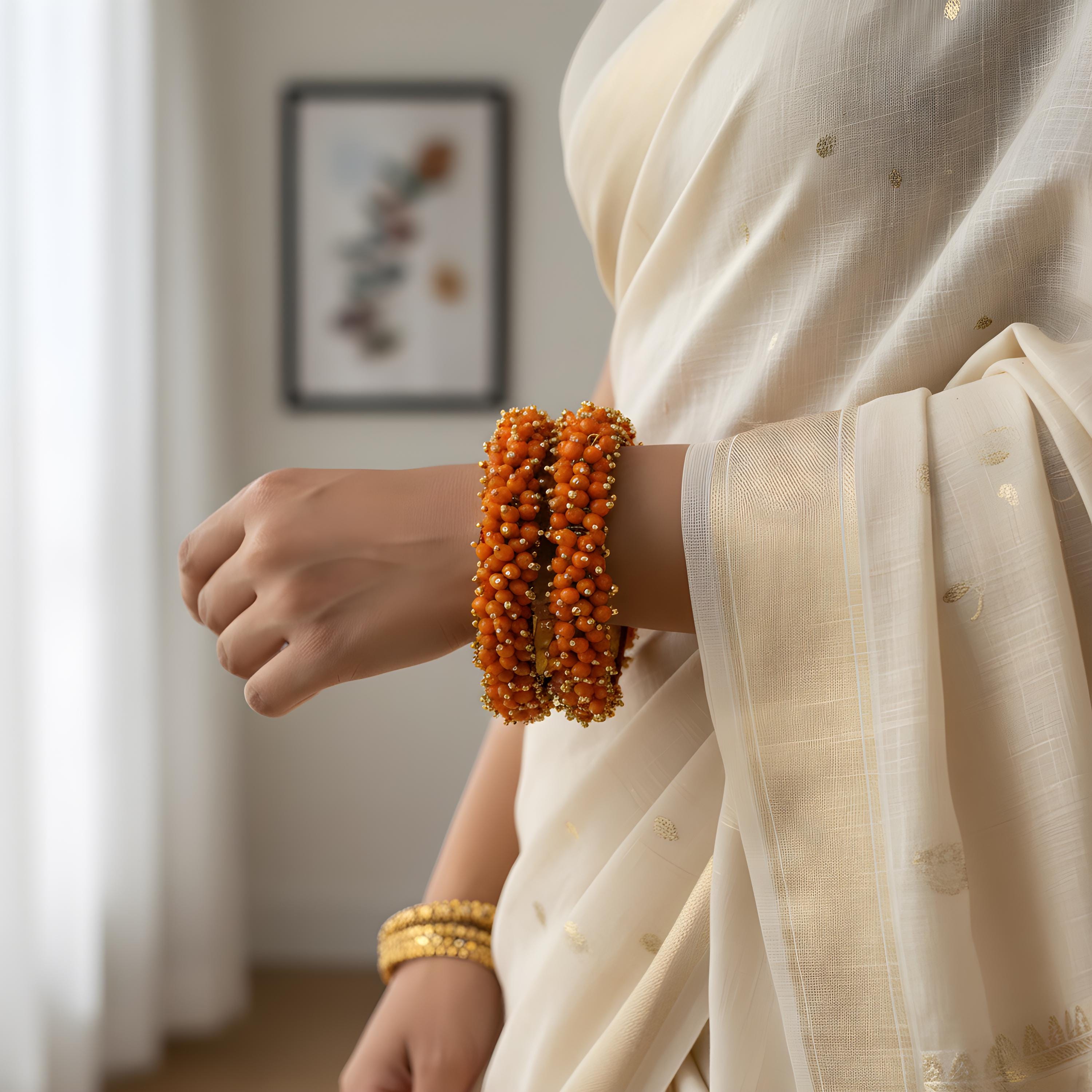 Orange Beaded Bangle Bracelet, Indian Jewelry, Traditional Bridal