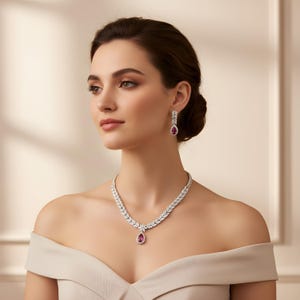 Rubin Teardrop Halskette & Ohrringe Set, simulierter CZ Diamant Schmuck