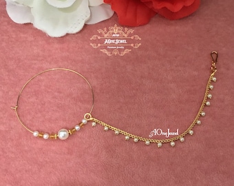 Anillo de nariz de perla Nath, joyería nupcial india bañada en oro