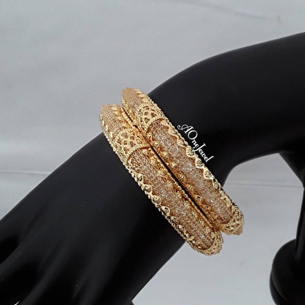 Indian Gold Plated 2pcs Bangles Filled with CZ Stone, Indian Jewelry, Pakistani Jewelry, Bangles, Bracelet, Kada, Ethnic Bangles, Bangles