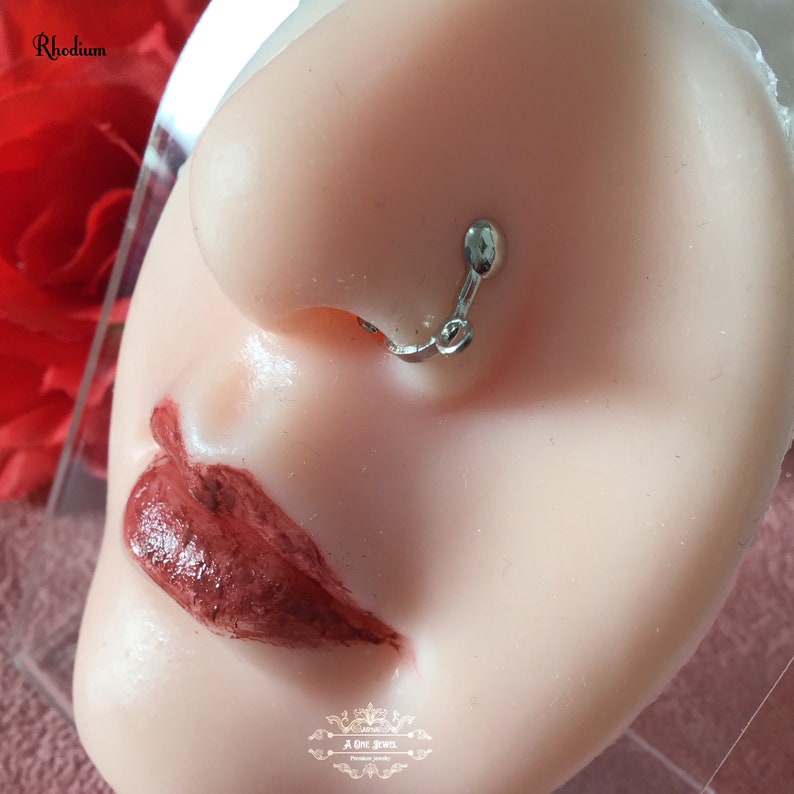 May include: A silver nose ring with a chain and a small stud. The nose ring is attached to a small stud that sits above the nose. The image also shows a red rose and the text "Rhodium".