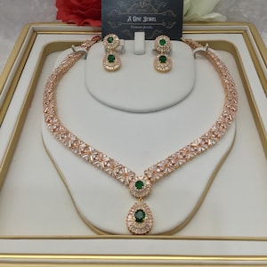 Indian Bridal CZ Diamond Emerald 2PCS Necklace Set, Necklace Earrings Jewelry Set, Gold Wedding Necklace Set, Bridal Jewelry Set,