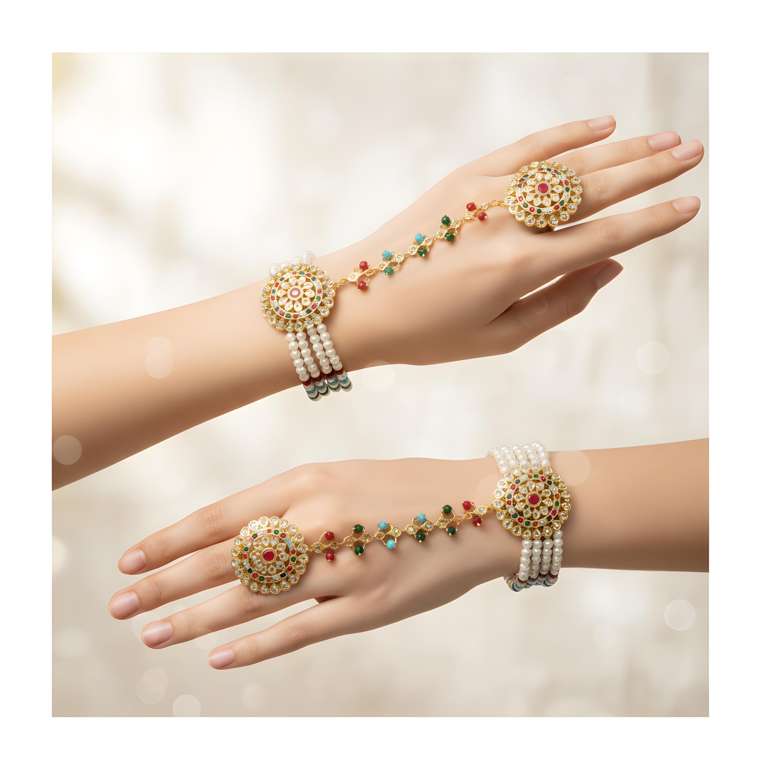 Kundan Pearl Hand Harness Bracelet, Indian Bridal Jewelry