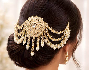 Kundan Pearl Bridal Hair Brooch, Gold Plated Amboda