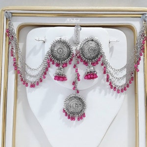 Indian Designer Antique Silver Pink Crystal Pearl Earrings Tikka Set, Sahara Earrings and Tikka, Ear Support Earrings Tikka, Jhumki Earring