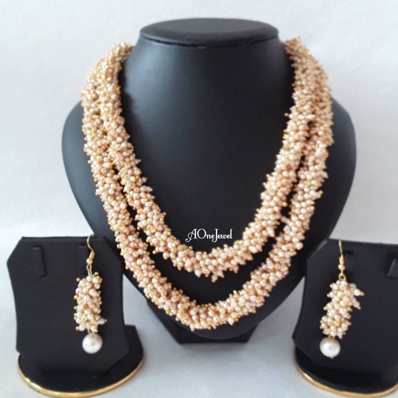 Wedding Party Jewelery Double Strand Pearl Necklace Set Pearl Mala Necklace pearl Necklace Set Indian Jewellery Necklace Earrings Set