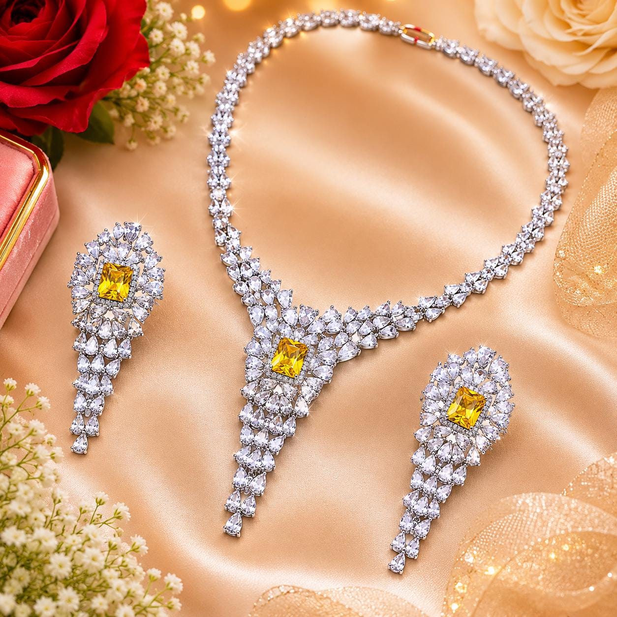 Bridal Cubic Zirconia Yellow Necklace Set, White Gold Plated