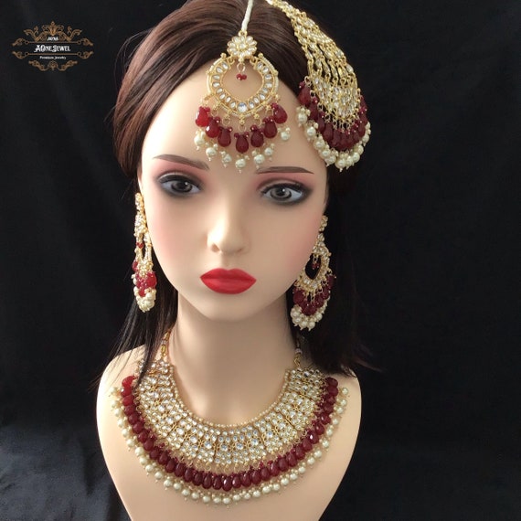 Indian Bridal Maroon Necklace Earrings Jhoomar Tikka Set, Gold Plated  Wedding Necklace Set, Bridal Jewelry Set, Bridal Necklace Set, Passa