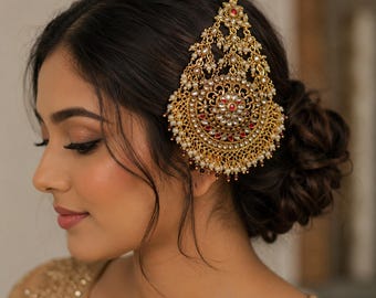 Gold Plated Kundan Pearl Jhoomer, Indian Bridal Passa Headpiece