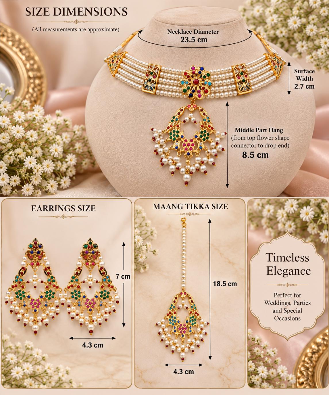 Gold Plated Nauratan Pearl Choker Necklace Set, Bridal Jewelry