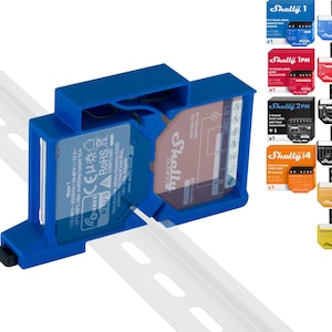 Può includere: Un dispositivo per la casa intelligente Shelly 14 blu con una guida DIN bianca, e vari dispositivi per la casa intelligente Shelly in scatole, tra cui Shelly 1, Shelly 1PM, Shelly 2PM, Shelly 14, Shelly 14 Plus e Shelly 14DC.