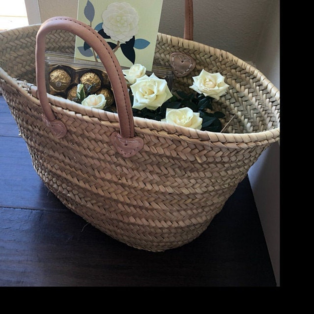 Straw Market Basket Bag With Long Natural Leather Handles Etsy Norway