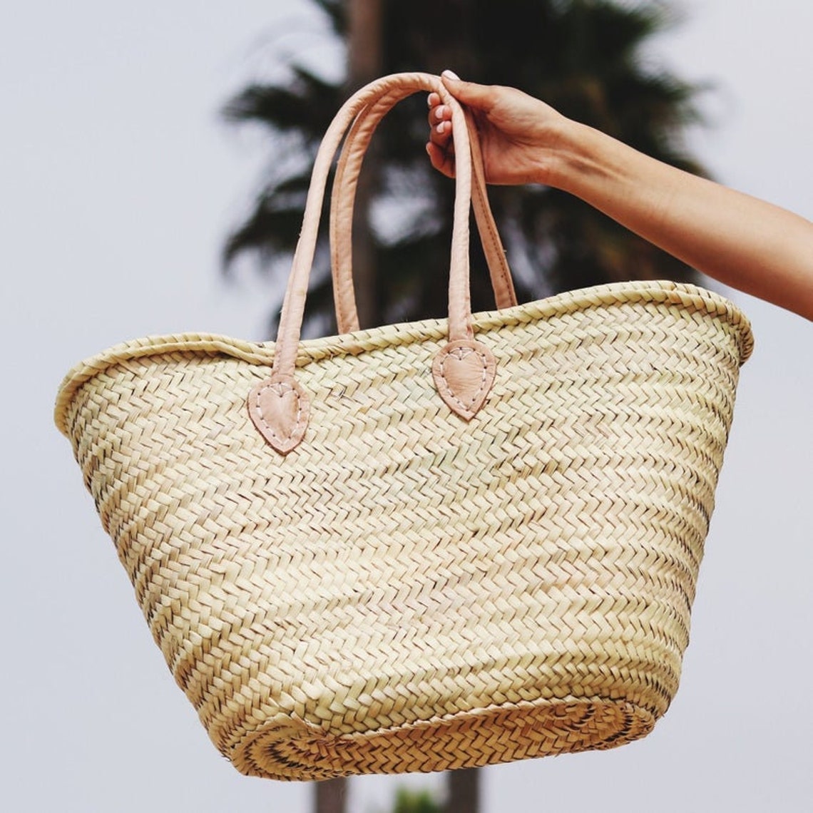 Straw Market Basket Bag With Long Natural Leather Handles Etsy Norway